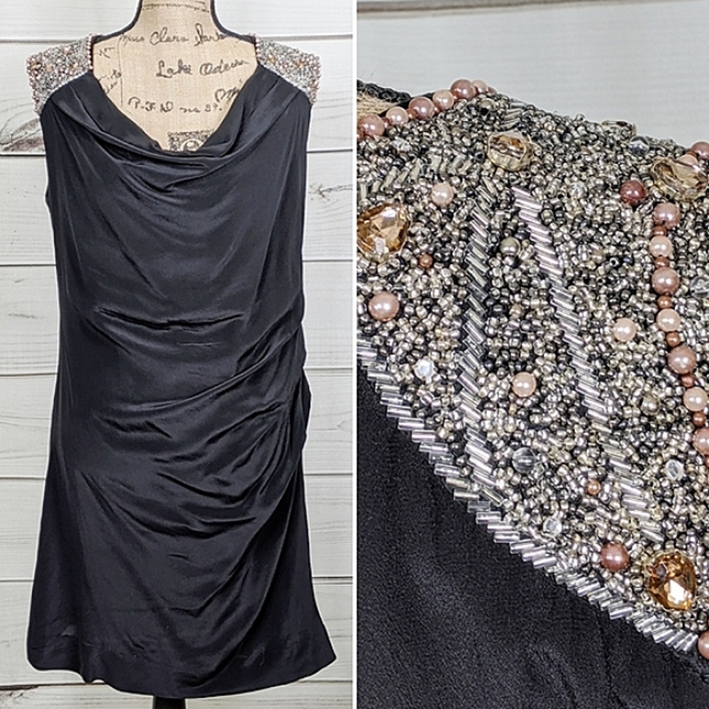 HANNAH JOE 100% SILK Dress w/ Beaded Shoulders